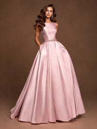 Satin A-Line Prom Dress Sleeveless Beaded Waist Formal Gown with Pockets
