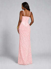 Sequin Corset Mermaid Prom Dress with Square Neck Wide Strap High Slit