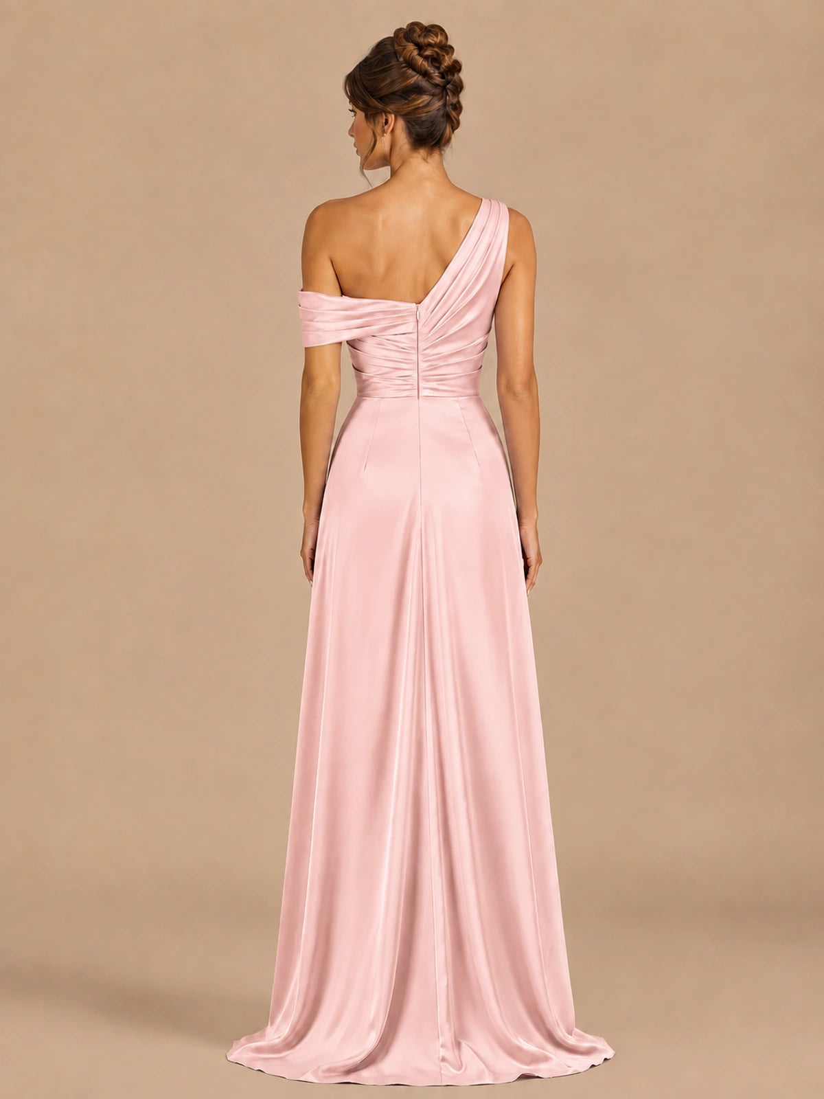 Satin One Shoulder Prom Dress Ruched Long Formal Evening Gown