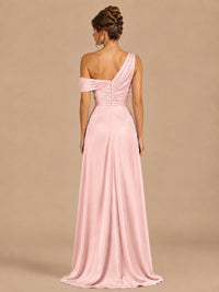 Satin One Shoulder Prom Dress Ruched Long Formal Evening Gown