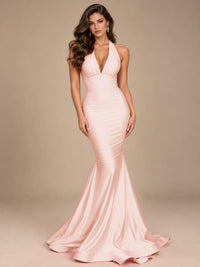 Pink Halter Deep V-Neck Ruched Mermaid Prom Dress