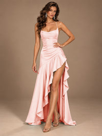 Burgundy Spaghetti Strap Ruched Prom Dress with Ruffled High Slit