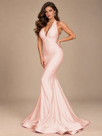 Pink Halter Deep V-Neck Ruched Mermaid Prom Dress