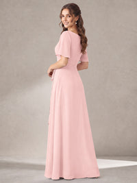 Scoop Neck A-line Chiffon Bridesmaid Dress with Flutter Sleeve & Belt