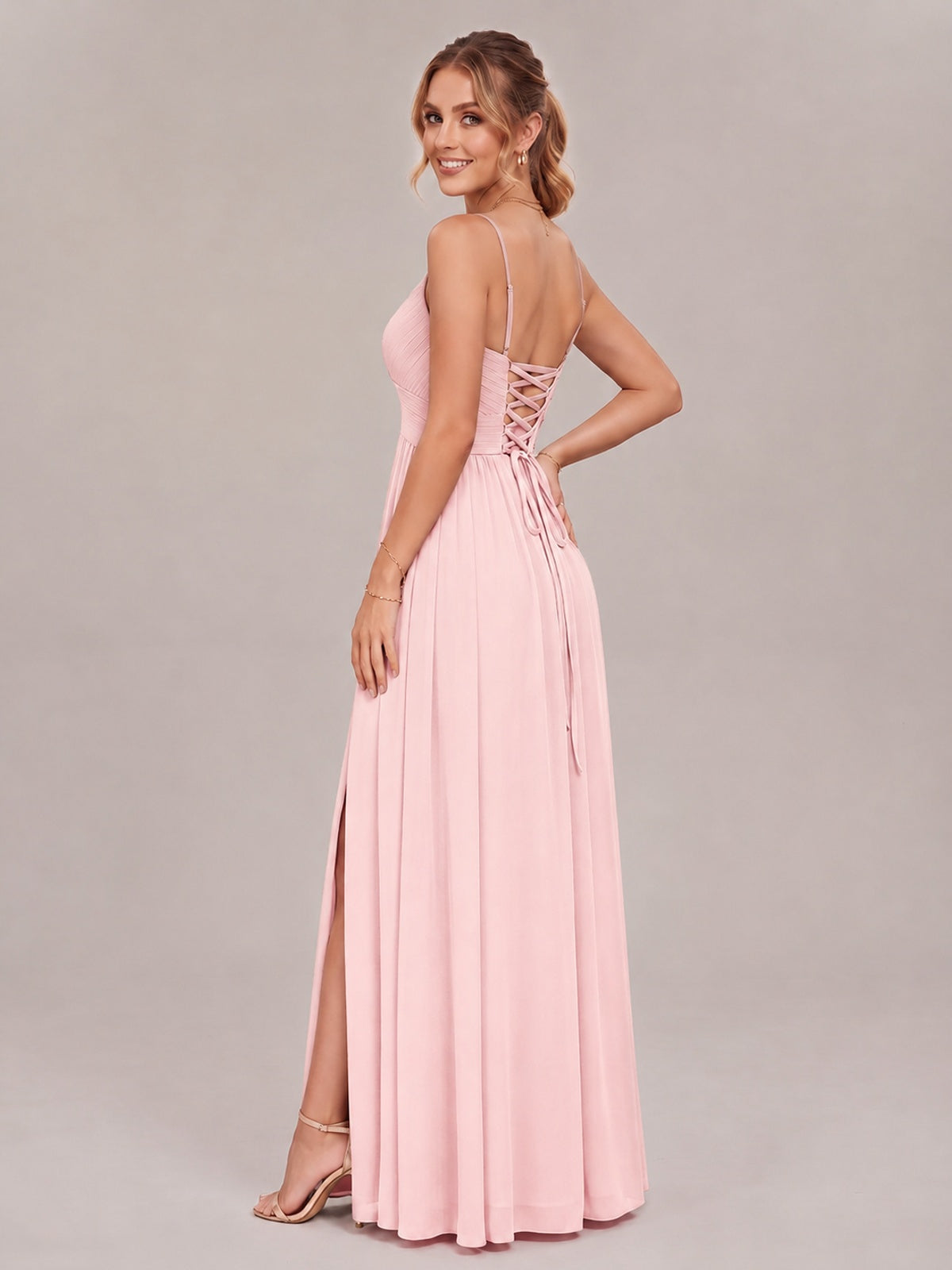 V-Neck Pleated Chiffon Long Bridesmaid Dress with Slit