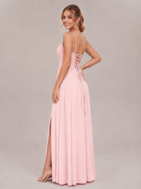 V-Neck Pleated Chiffon Long Bridesmaid Dress with Slit