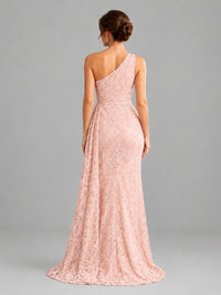 One-Shoulder Ruched Floral Lace Floor-Length Prom Dress