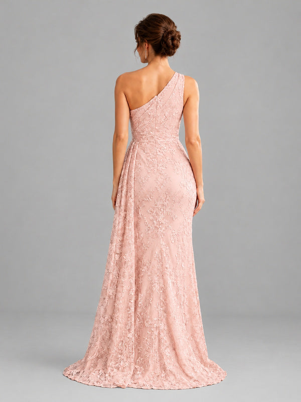 One-Shoulder Ruched Floral Lace Floor-Length Prom Dress