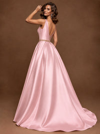 Satin A-Line Prom Dress Sleeveless Beaded Waist Formal Gown with Pockets