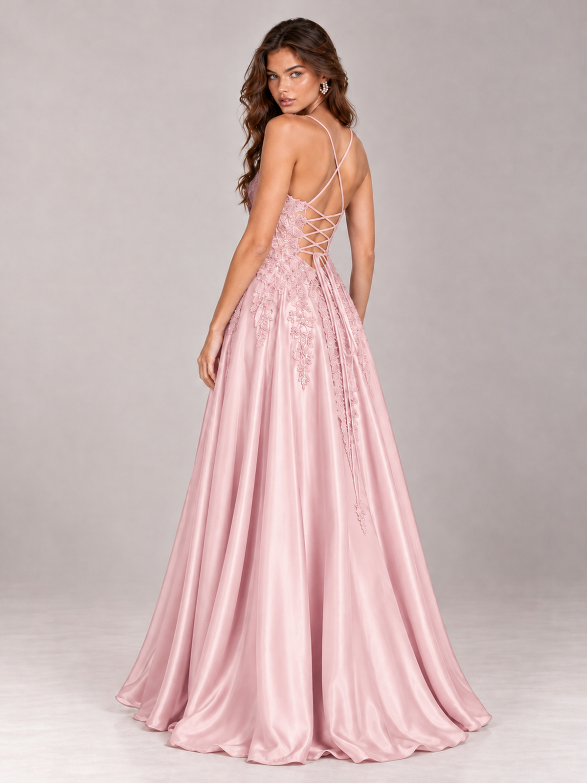 Lace Applique Satin A-Line Prom Dress with Sheer Bodice