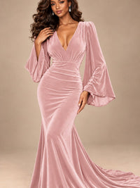 Burgundy Velvet Deep V-Neck Ruched Long Sleeve Maxi Dress