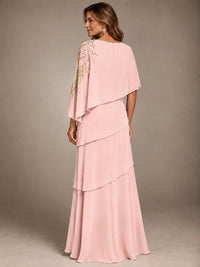 Elegant Chiffon Cape Sleeve Beaded Mother of the Bride Dress