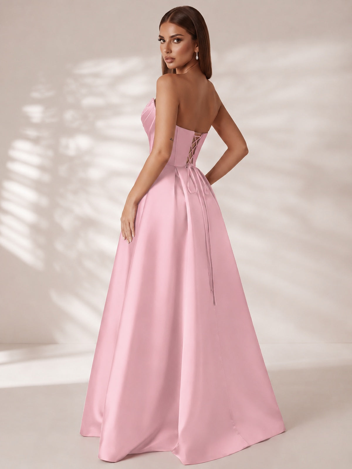 Strapless Corset Satin Prom Dress Long Evening Gown with High Slit