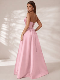 Strapless Corset Satin Prom Dress Long Evening Gown with High Slit