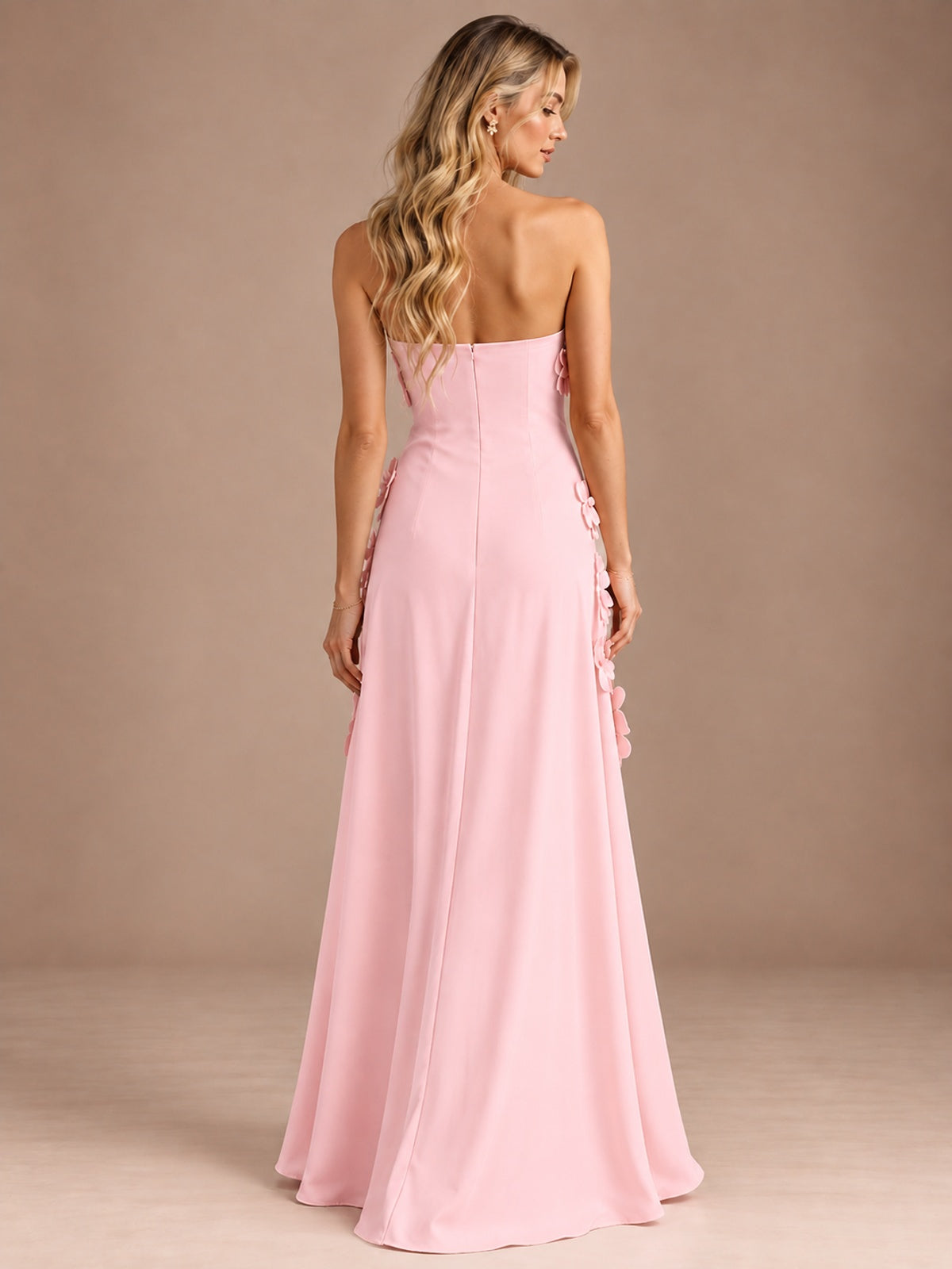 Yellow Strapless A-line Satin Maxi Dress with 3D Floral