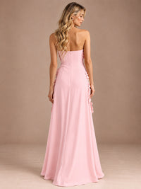 Yellow Strapless A-line Satin Maxi Dress with 3D Floral