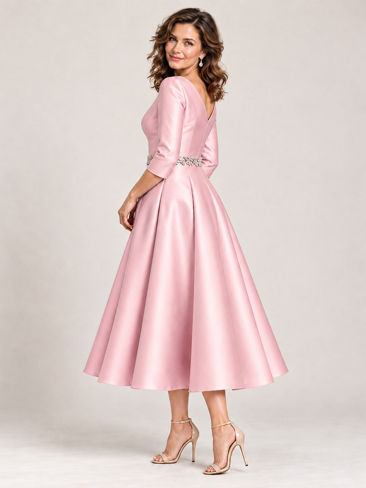V-Neck Tea-Length Mother of the Bride Dress with Embellished Waist