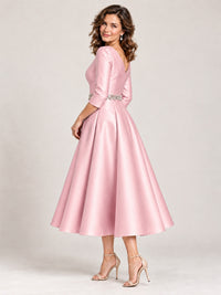 V-Neck Tea-Length Mother of the Bride Dress with Embellished Waist