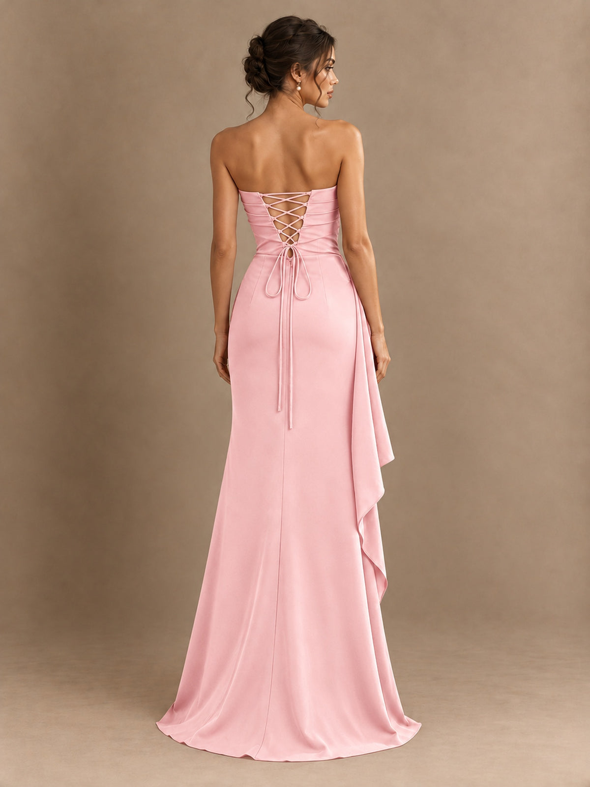 Black and White Strapless Ruched Prom Dress with High Slit & Side Drape