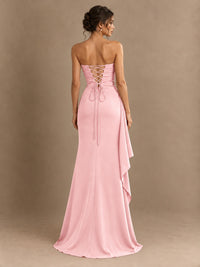 Black and White Strapless Ruched Prom Dress with High Slit & Side Drape