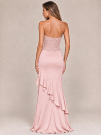 Strapless Lace Appliques Corset Satin Prom Dress Ruffle Slit Evening Gown