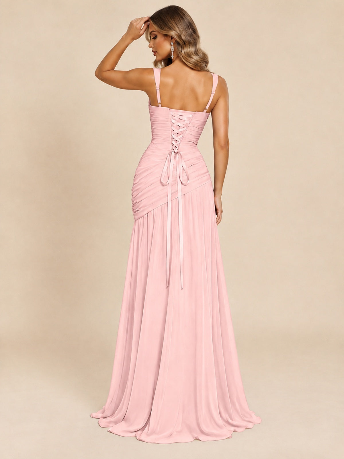Wrap Pleated Prom Dress Scoop Neck with Slit Women Wedding Formal Dress