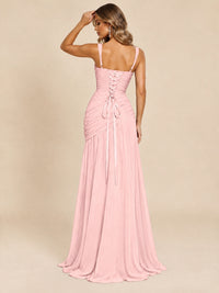 Wrap Pleated Prom Dress Scoop Neck with Slit Women Wedding Formal Dress