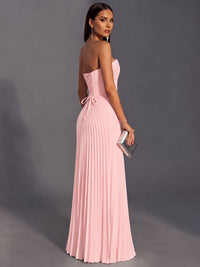 Strapless A-line Long Pleated Satin Prom Dress