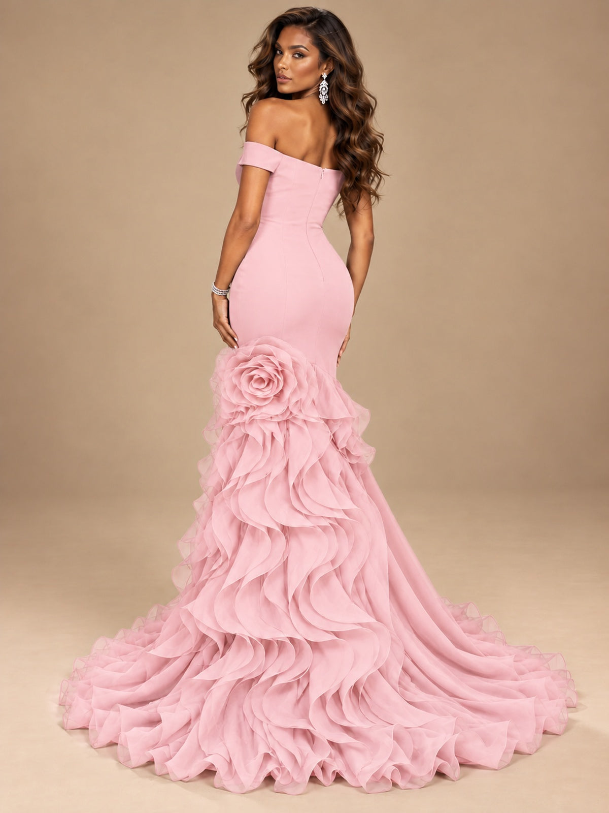 Dusty Blue Off-the-Shoulder Mermaid Prom Dress with 3D Rose & Ruffles