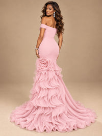 Dusty Blue Off-the-Shoulder Mermaid Prom Dress with 3D Rose & Ruffles