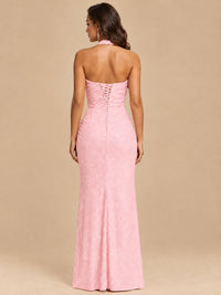 Halter V-Neck Sequin Mermaid Prom Dress with High Slit