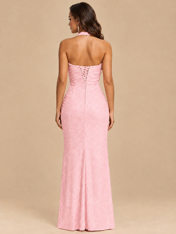 Halter V-Neck Sequin Mermaid Prom Dress with High Slit