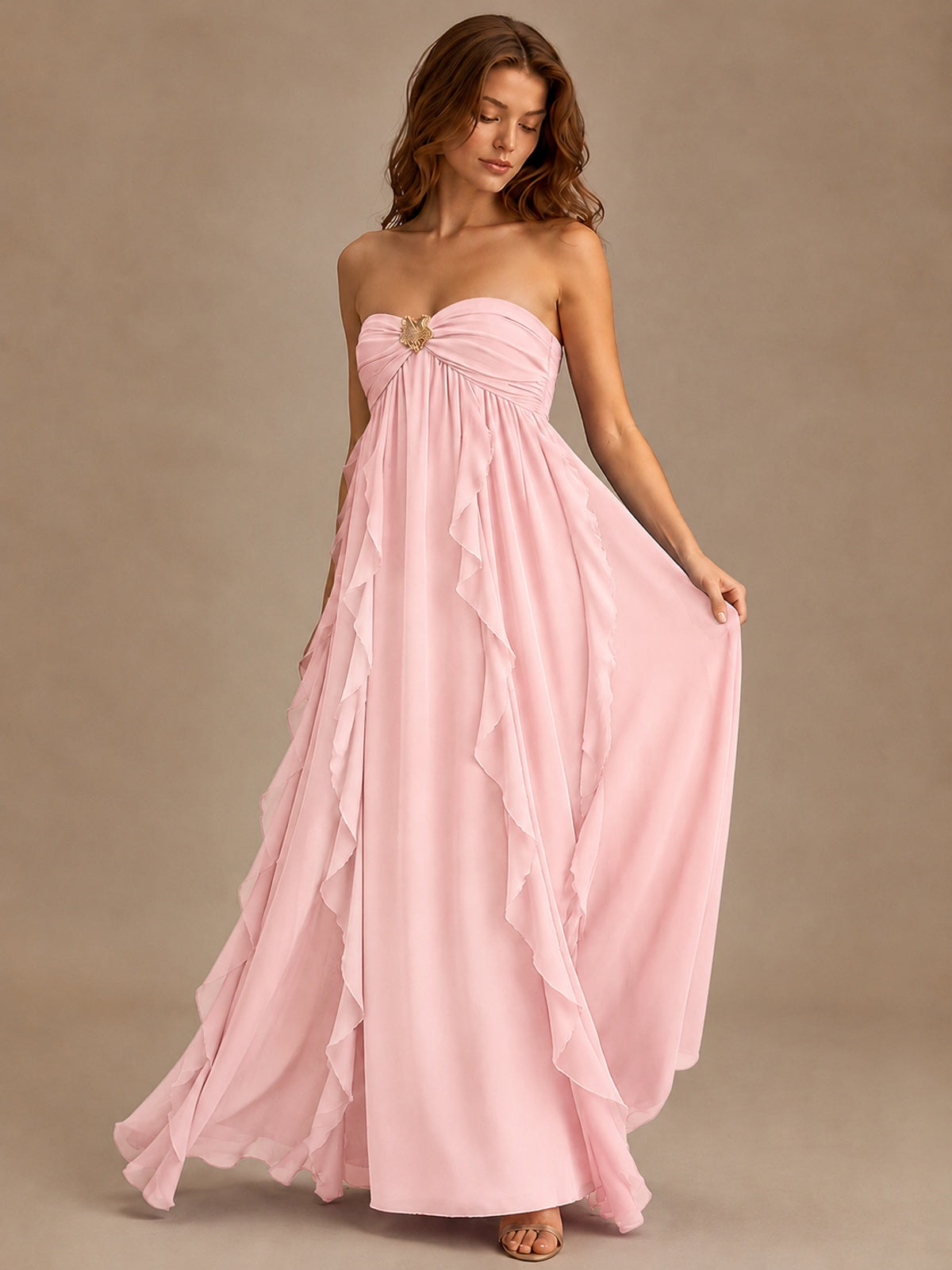Srapless Sweetheart Chiffon Prom Dress Ruffle Formal Evening Gown