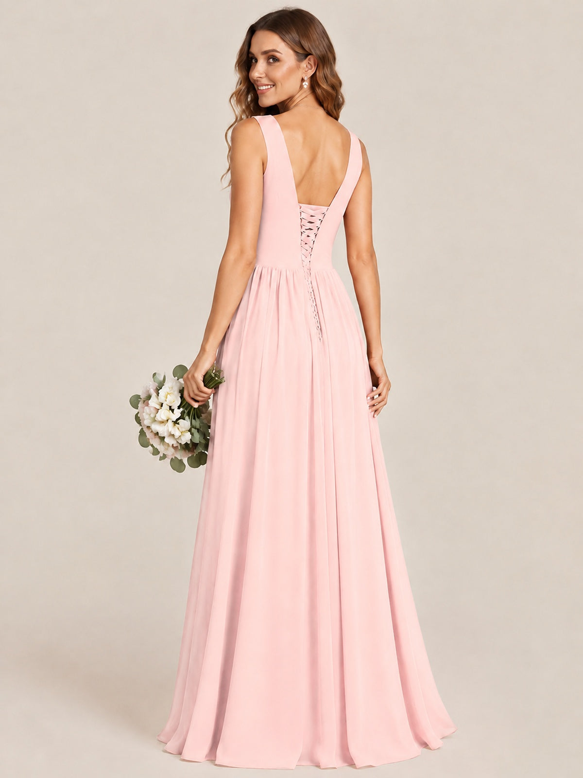 A-line Sleeveless Rucehd Chiffon Bridesmaid Dress with High Slit