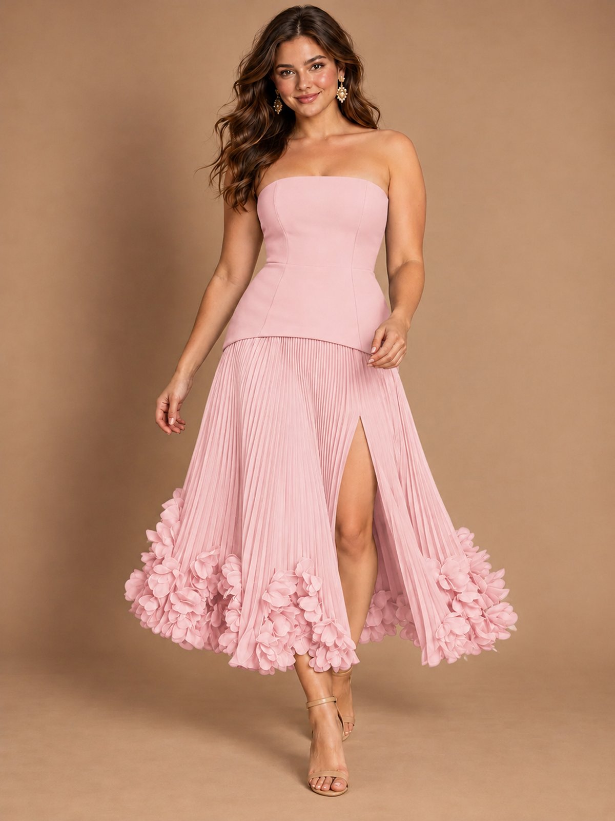 Navy Blue Strapless Pleated A-Line Midi Dress with 3D Floral Applique