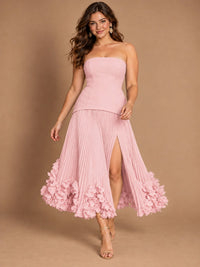 Navy Blue Strapless Pleated A-Line Midi Dress with 3D Floral Applique
