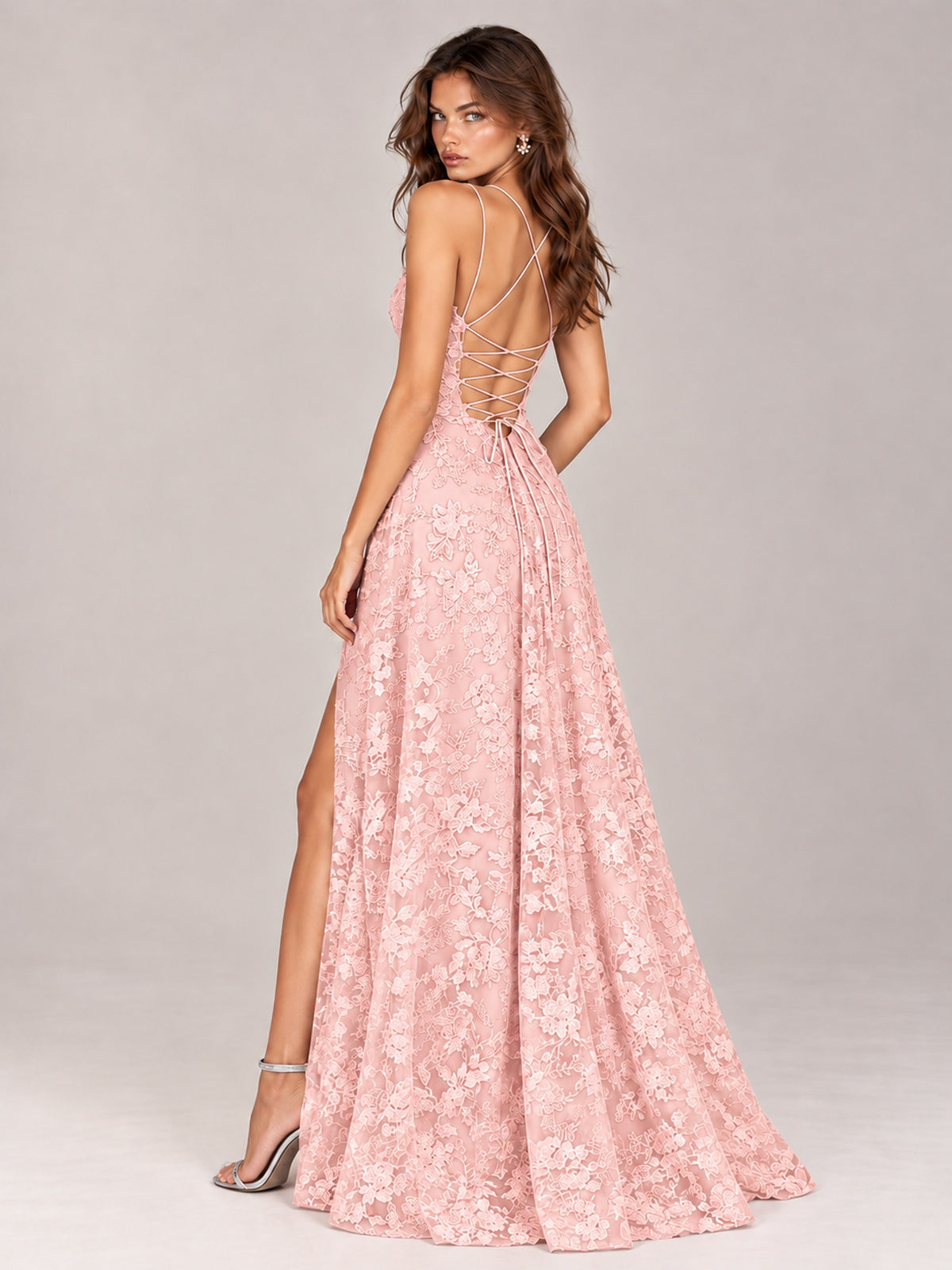 Floral Lace A-Line Prom Dress with Spaghetti Straps & High Slit
