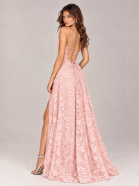 Floral Lace A-Line Prom Dress with Spaghetti Straps & High Slit