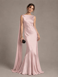 Burgundy Satin Mermaid Cape Maxi Dress