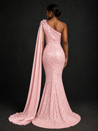 Gold Sequin One Shoulder Mermaid Prom Dress with Cape