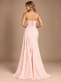 Burgundy Sequin Corset Prom Dress with High Slit