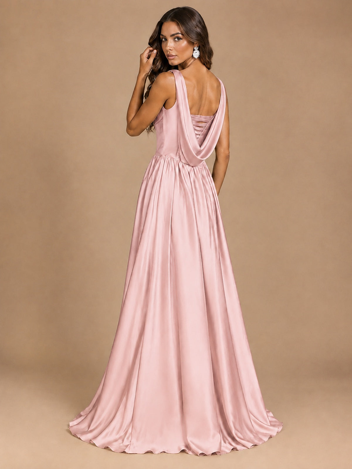 Cowl Neck Pleated Satin Prom Dress with Pockets & Slit Maxi Formal Gowns