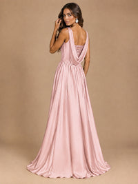 Cowl Neck Pleated Satin Prom Dress with Pockets & Slit Maxi Formal Gowns