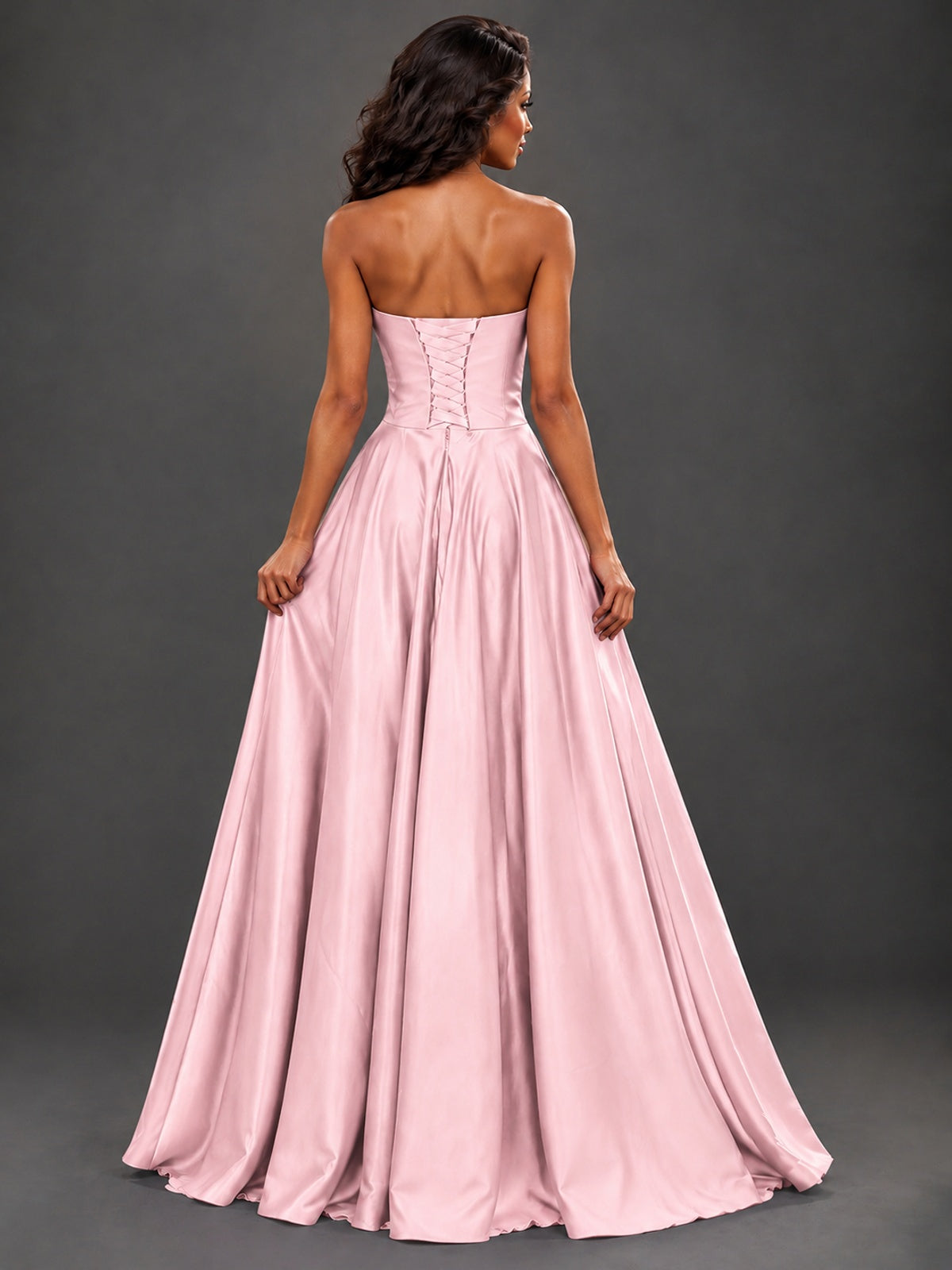Draped Satin Prom Dress Strapless A-line Formal Dress Floor Length