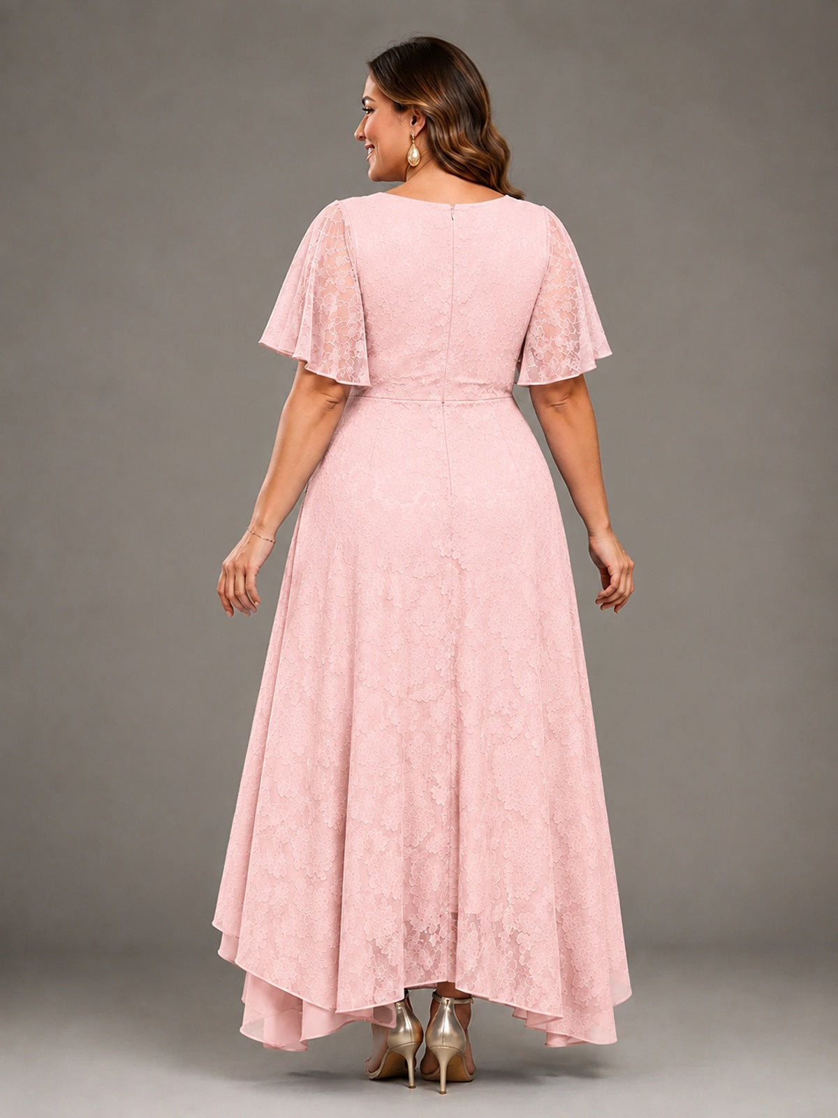 Jacquard Chiffon A-Line V-Neck High-Low Mother of the Bride Dress