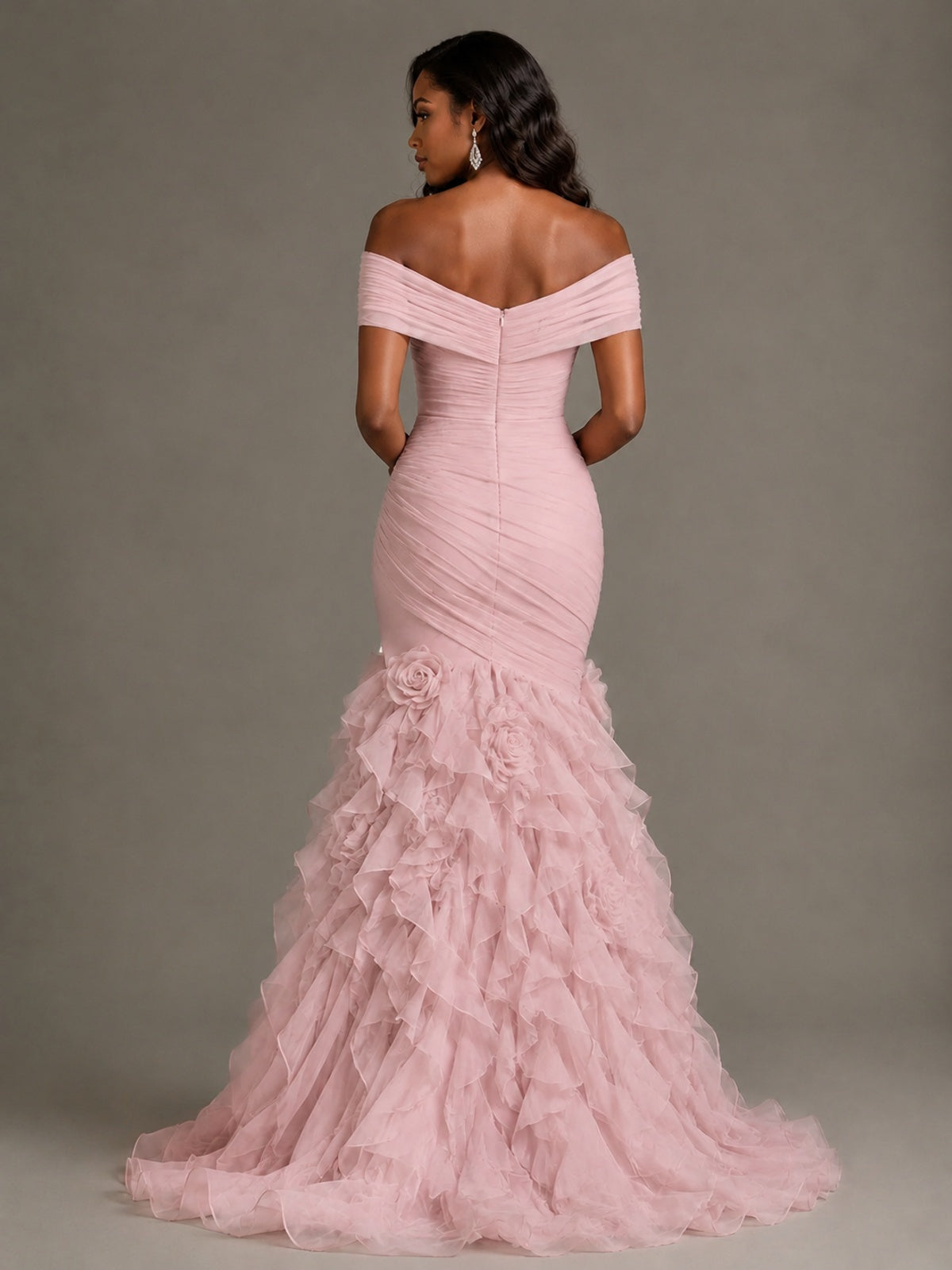 Pink Off-the-Shoulder Mermaid Prom Dress with Ruffles 3D Flowers