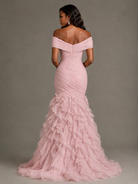 Pink Off-the-Shoulder Mermaid Prom Dress with Ruffles 3D Flowers