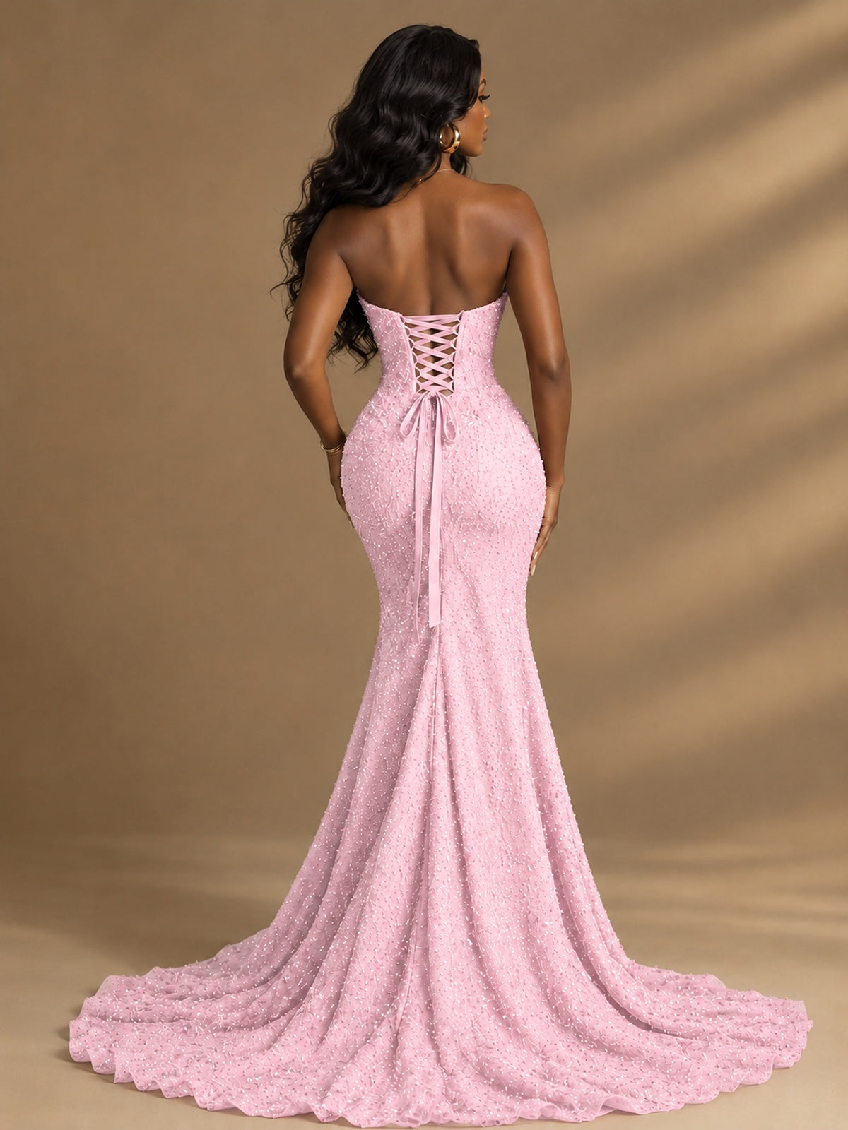 Beaded Sequin Prom Dress Strapless Formal Gowns with High Slit Train