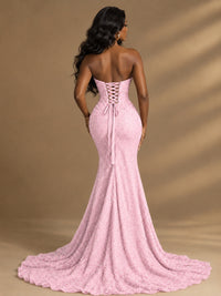 Beaded Sequin Prom Dress Strapless Formal Gowns with High Slit Train