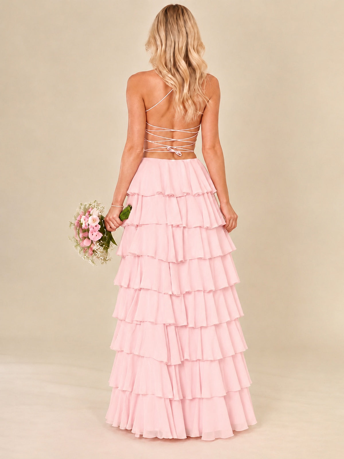 Ruffled Tiered Chiffon Prom Dress Spaghetti Straps Formal Maxi Dress with Slit